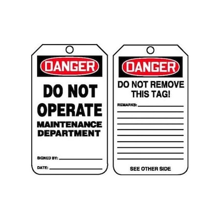 Accuform Safety Tags, DANGER DO NOT OPERATE MAINTENANCE DEPARTMENT, 5.75in x 3.25in, RP-Plastic, 25PK MDT206PTP